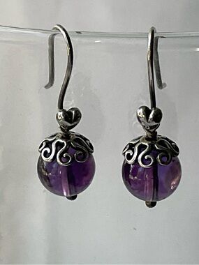 Pandora Purple Glass Drop Earrings with Silver Filigree Caps
